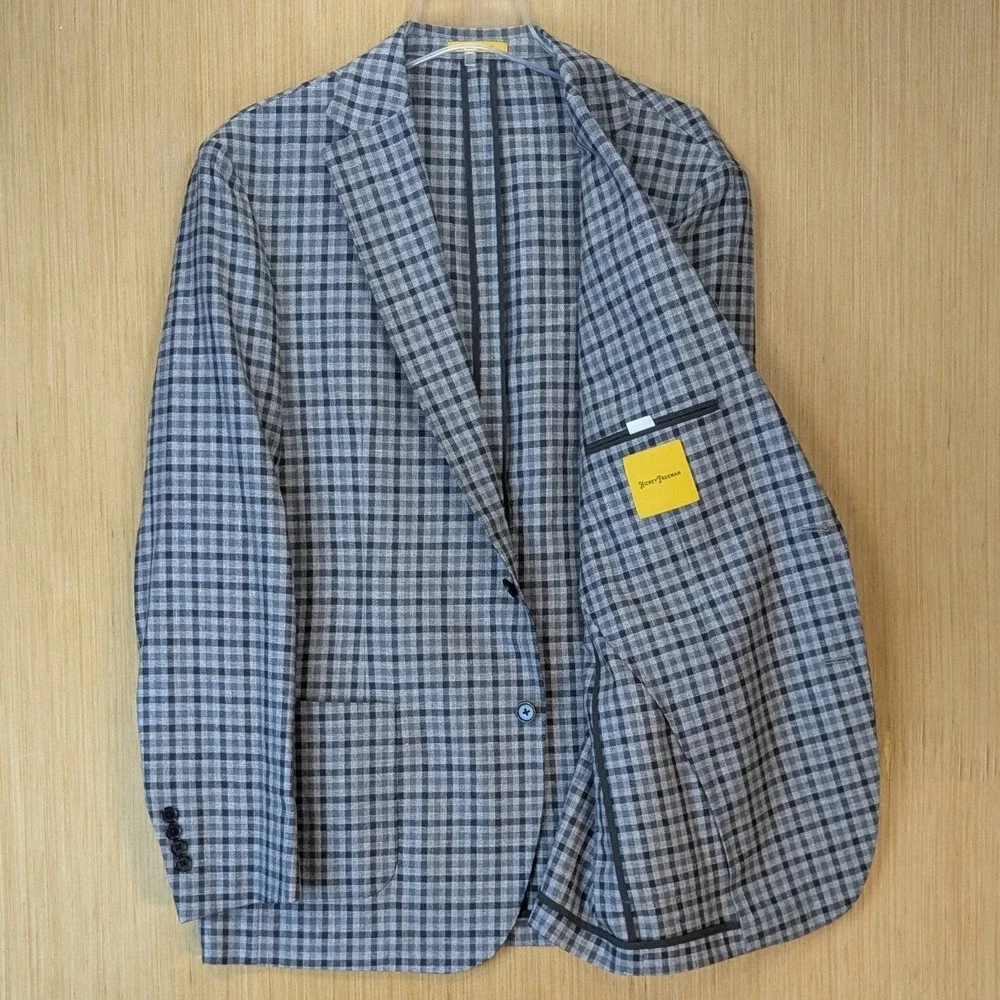 Hickey Freeman Mens 46L Gingham Check Linen Wool Blend Blazer Sport Coat Grey